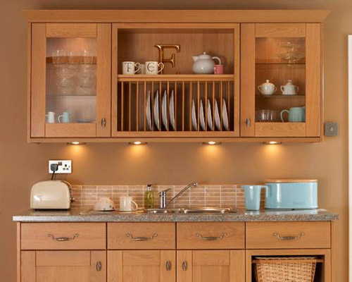 Bespoke Dresser Unit with Glass Wall Units, Plate Rack and Drawer-Line Wicker Basket Base Unit